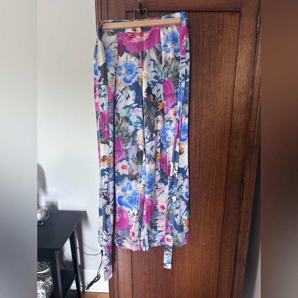 Multicoloured Maxi Silk Pants with Tie Front